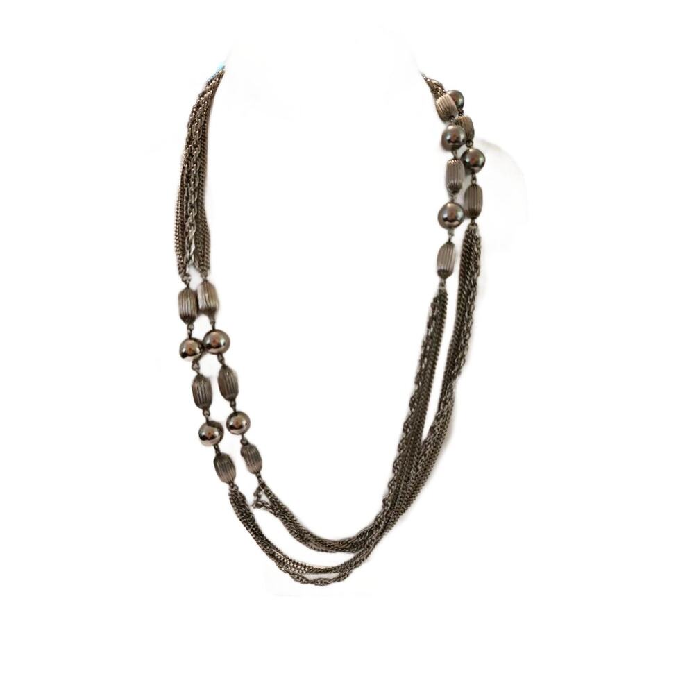 Vintage Long Triple Strand Rope Chain Necklace with Silver Bead Accents 50" L